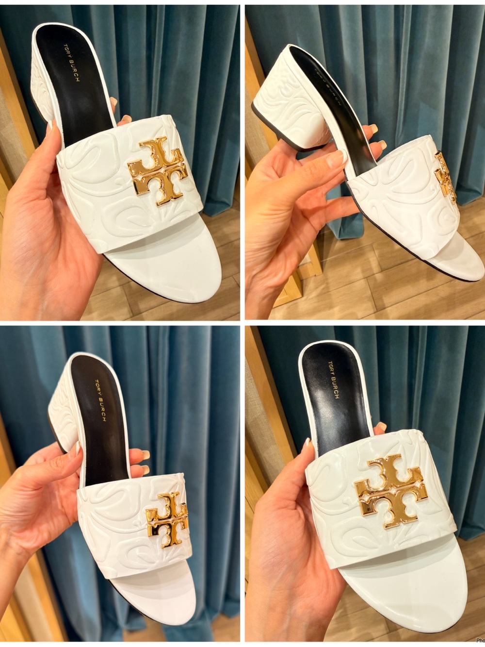 Tory Burch Everly White Embossed‎ Leather Mule Sandals Gold Double T Block Heel